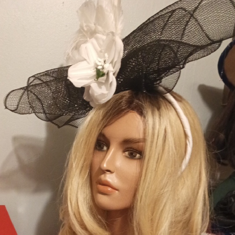 Black Mesh Fascinator Headband with White Flower